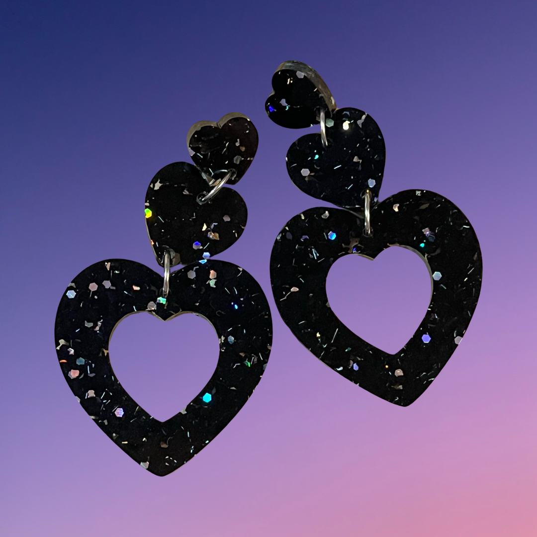 Black Heart Drops with Holographic specs Dangles