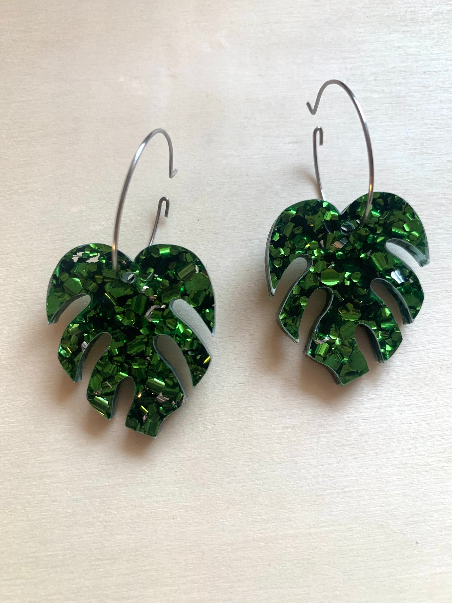 Green Foiled Monstera Hoops