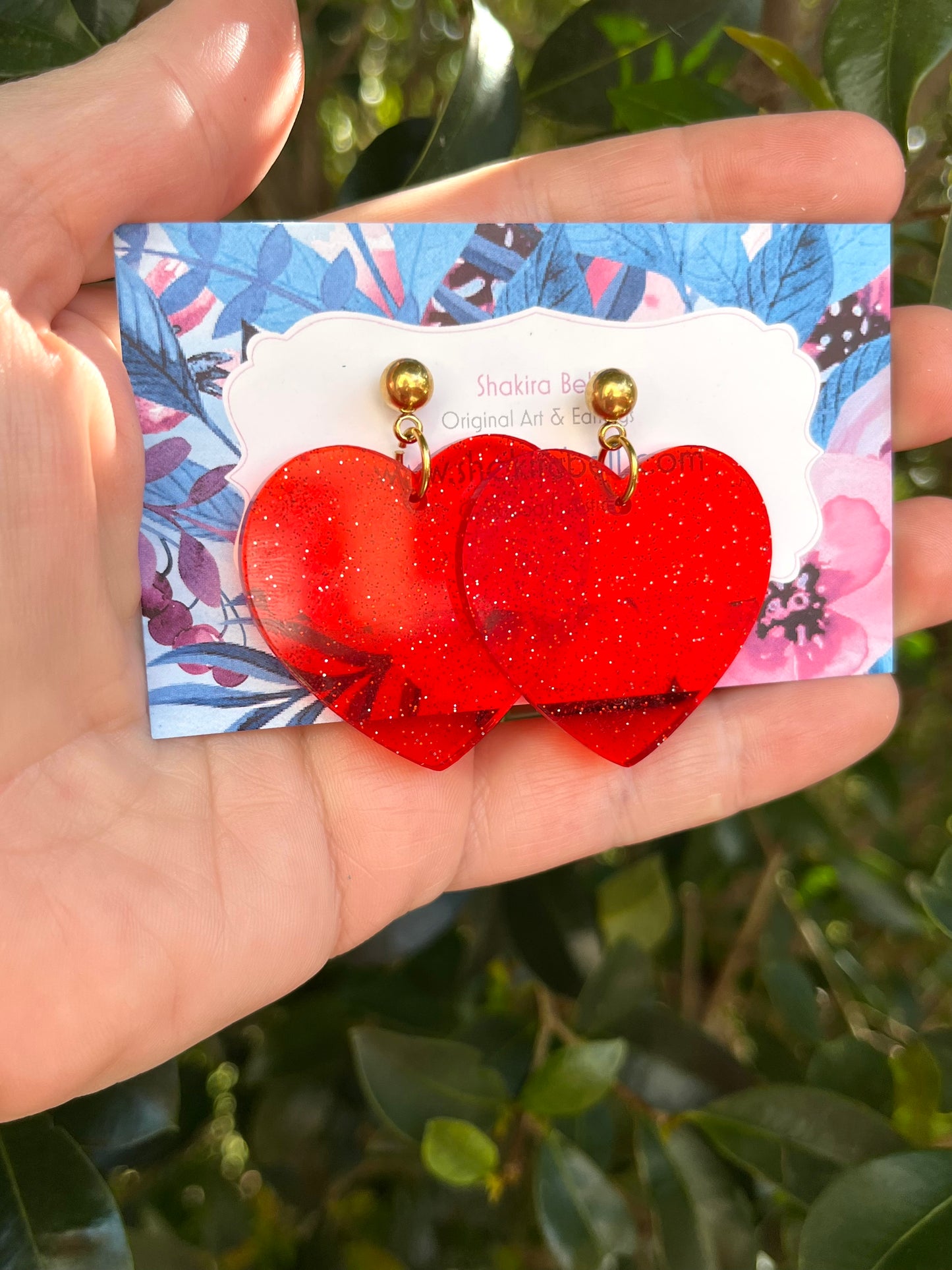 Red Fairy Glitter Heart Ball Top Stud Dangles