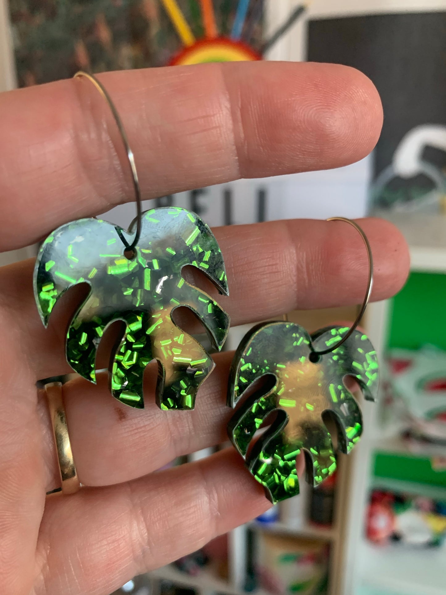 Green Foiled Monstera Hoops