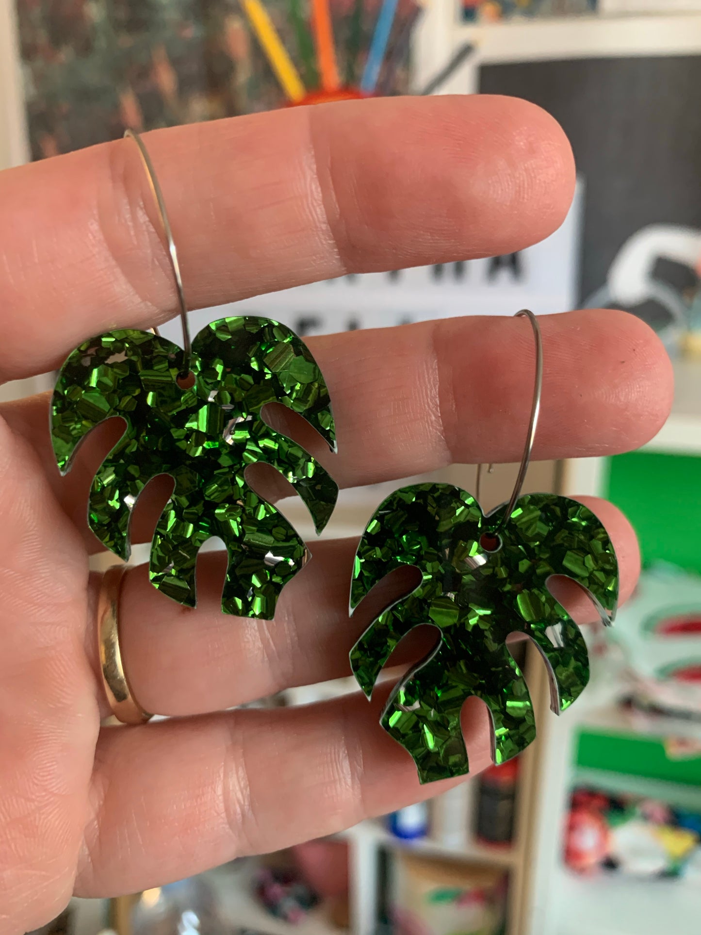 Green Foiled Monstera Hoops