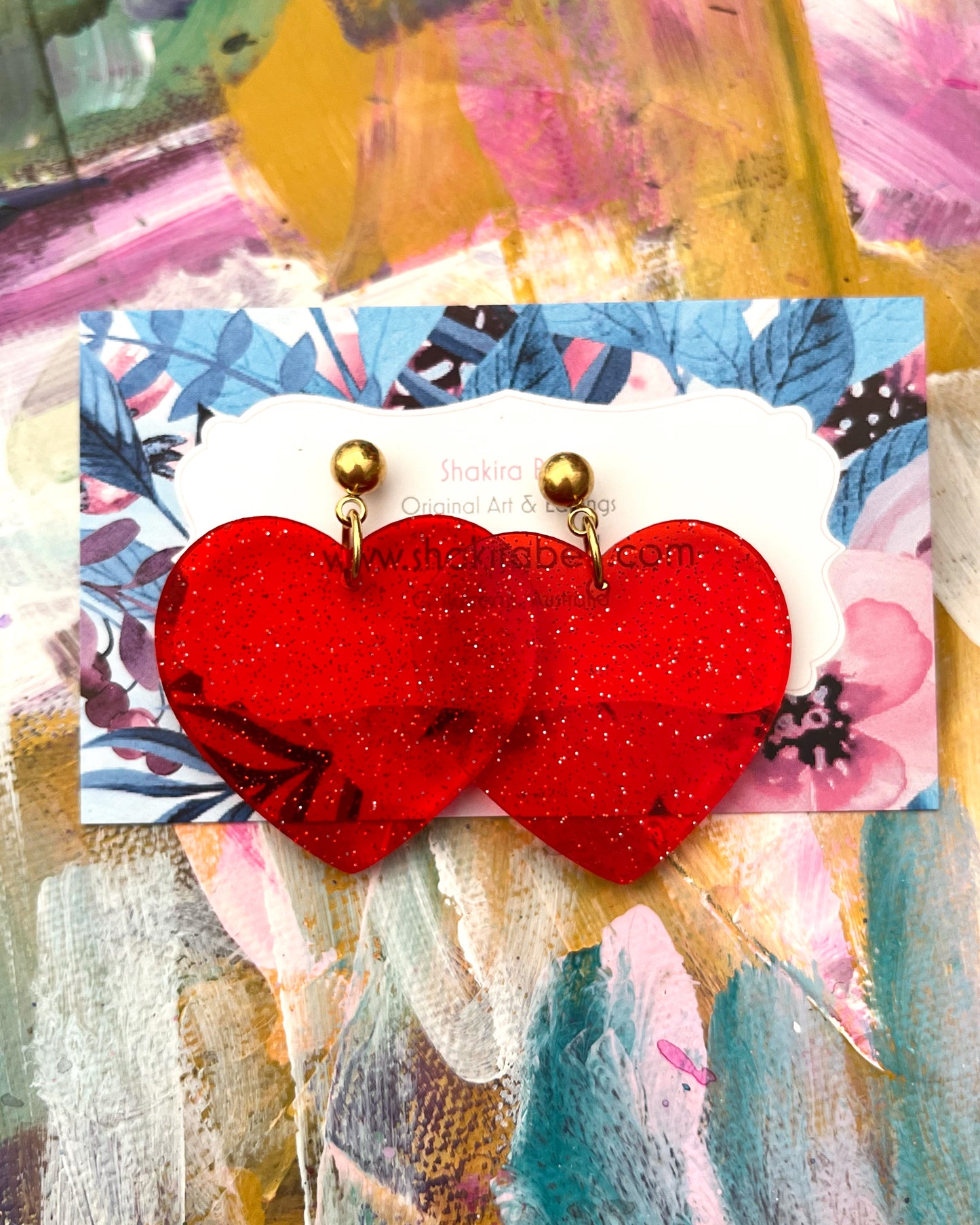 Red Fairy Glitter Heart Ball Top Stud Dangles