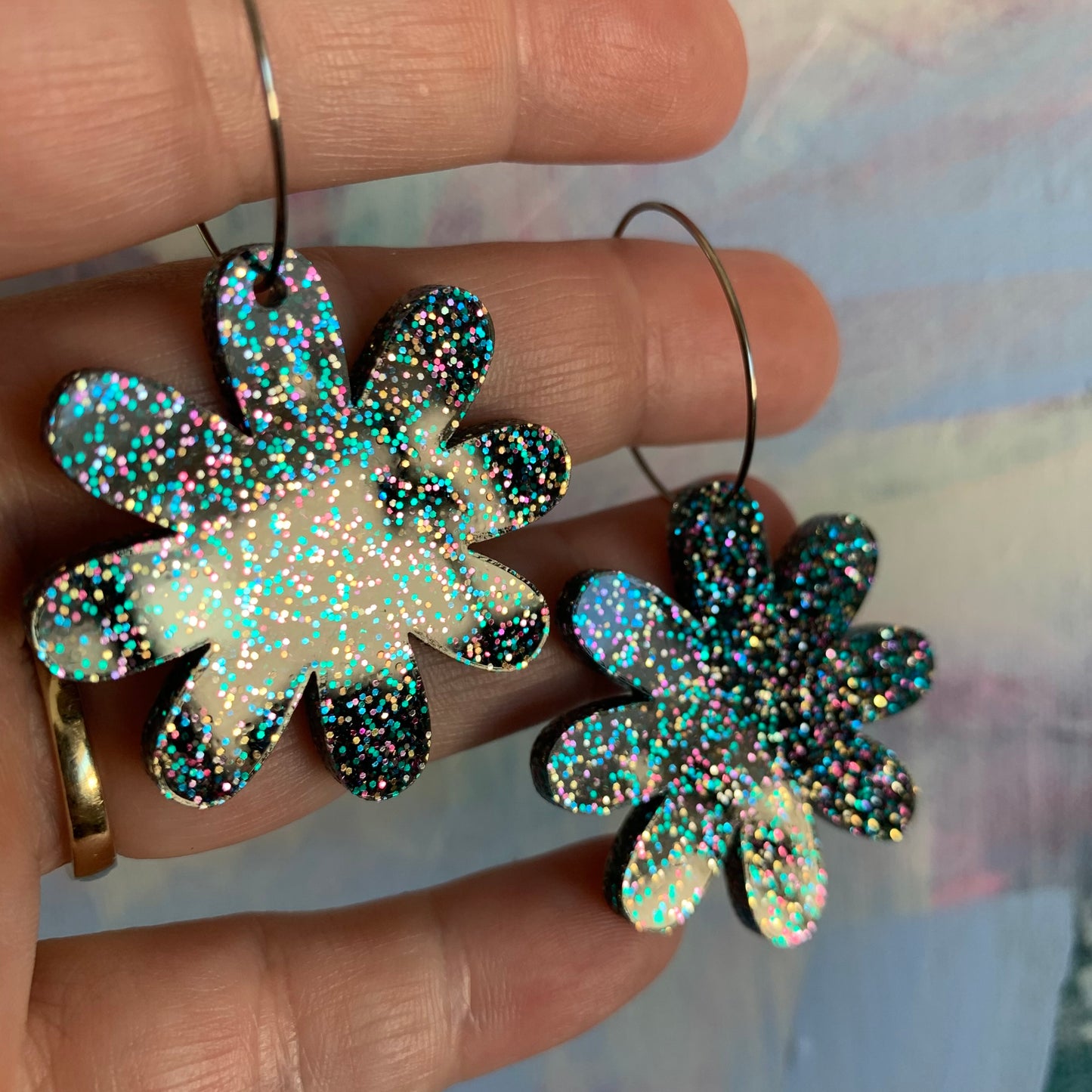 Blue Glitter Rainbow Flower Hoops