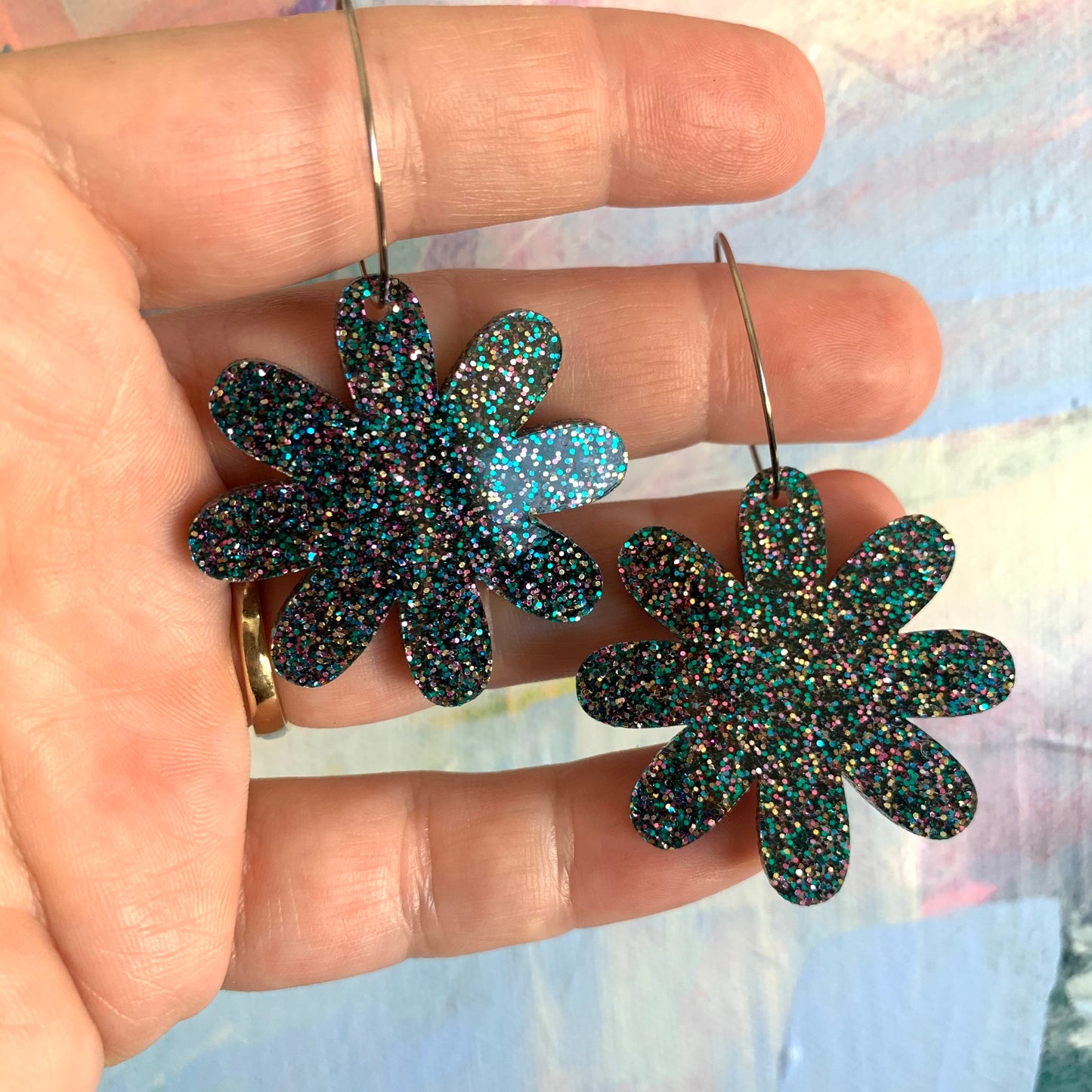 Blue Glitter Rainbow Flower Hoops