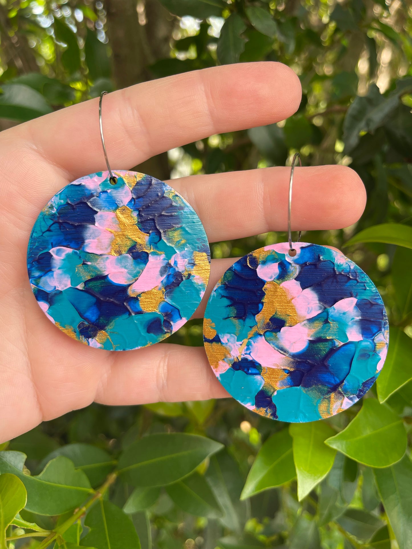Pink Blue and Gold Large Arty Hoops