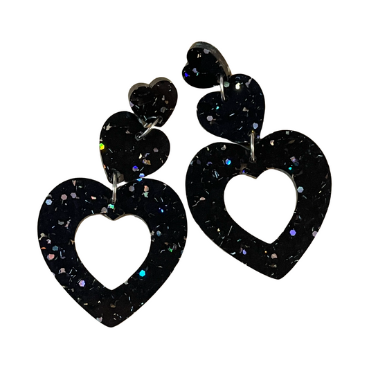 Black Heart Drops with Holographic specs Dangles