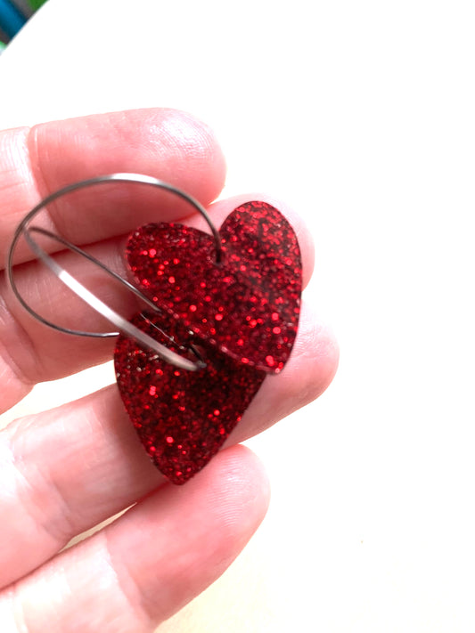 Red Glitter Heart Hoops